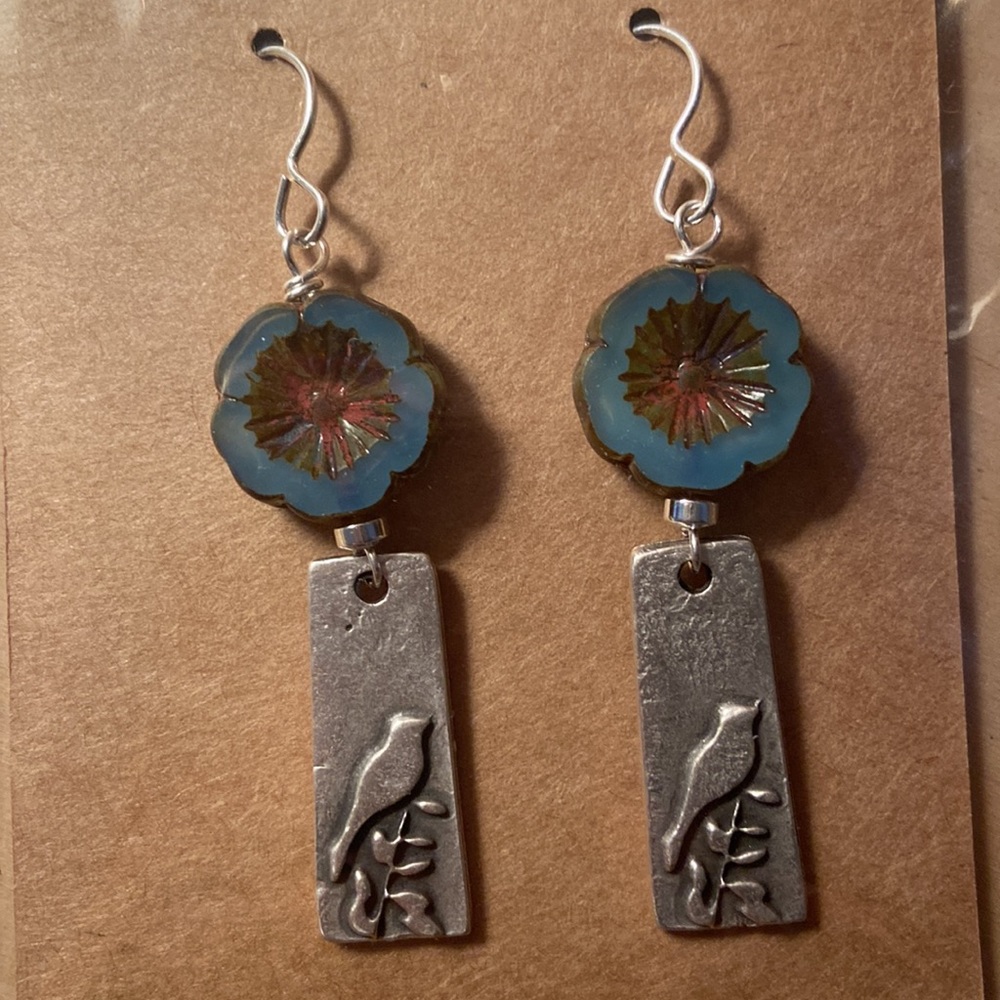 Silver Earrings Bird and Teal